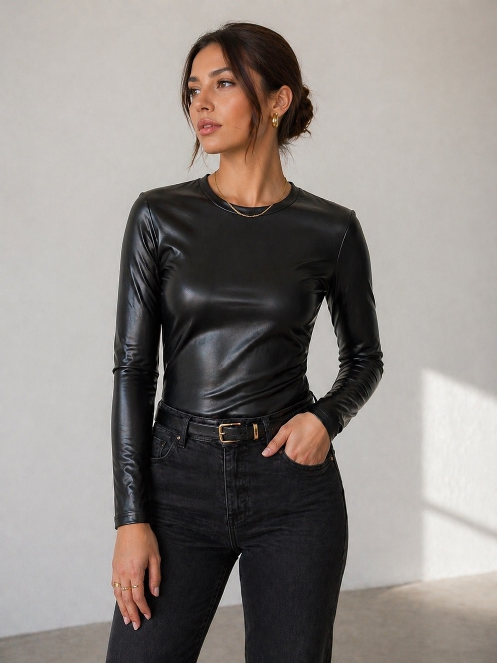 SHEIN Black Faux Leather Long Sleeve Tee